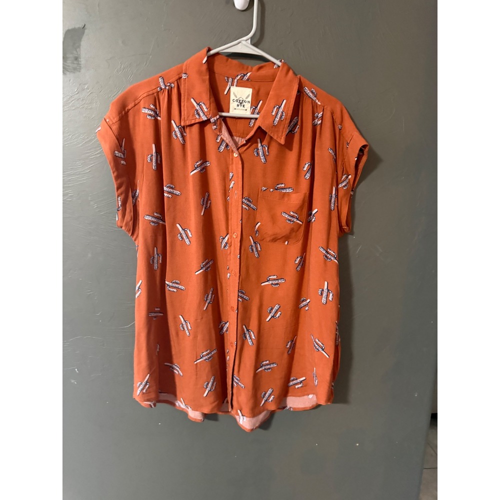 Cotton Rye Womens Burnt Orange Cactus Print Short Sleeve Button Down Shirt L